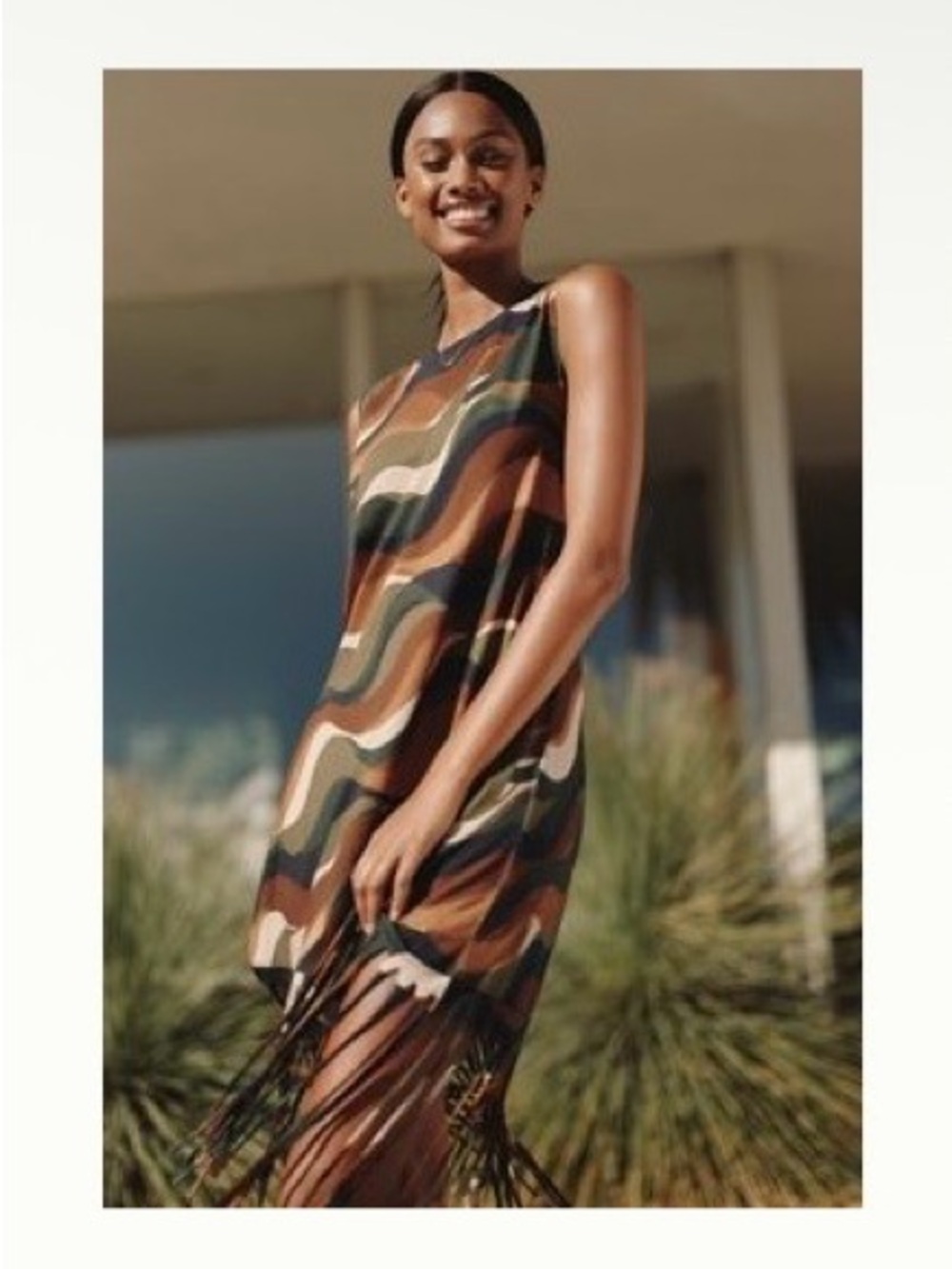 Wavy Multi-Color Fringe Swim Cover-Up Dress - Brown Tones